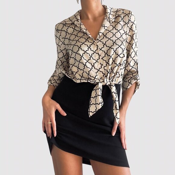 Black & cream silk satin tie geometric pattern button up pencil dress | Size M - Picture 2 of 7